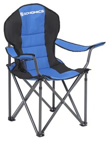 Cadeira de acampamento dobrável SONGMICS, com assento de esponja confortável, porta-copos, estrutura resistente, capacidade máxima de carga de 250 kg, cadeira para áreas externas, azul GCB06BU