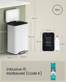 Caixote do lixo 50 L com pedal e fecho suave 40,3 x 33,6 x 62,5 cm Branco