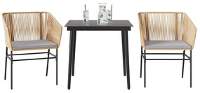 Conjunto jantar jardim 3 peças almofadas vidro vime PE castanho