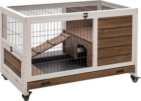PawHut Coelheira de Madeira Gaiola de para Pequenos Animais Portátil com Teto Abatível Rampa Bandeja Removível 90x53x59cm Marrom | Aosom Portugal