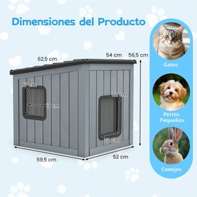 Casota para animais de estimação 62,5 cm x 54 cm x 56,5 cm isolada exterior e interior com 2 portas em PVC e telhado inclinado para gatos, cães pequen