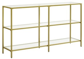 Mesa de Console VASAGLE, Mesa de Sofá com 3 Prateleiras, Prateleira de Vidro Temperado, 130 x 30 x 73,3 cm, Estrutura de Metal, Moderna, para Corredor, Sala de Estar, Quarto, Cor Dourada LGT024A01