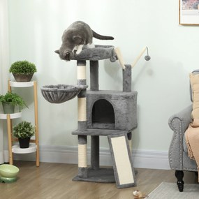 Arranhador para gatos com torre de brincadeiras, arranhadores e tapetes de sisal, plataforma, compartimentos abertos, rede, 40,5 x 40,5 x 103 cm, cinz