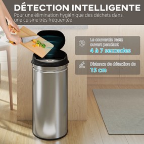 Caixote do lixo automático para cozinha de 42 L em aço inoxidável, com tampa de fecho suave, 30,5 x 30,5 x 68 cm, prateado