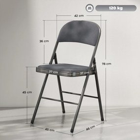 Conjunto de 4 cadeiras dobráveis e portáteis para interior (MESA NÃO INLCUIDA), com assentos e encostos estofados em veludo e estrutura em aço, cinzen
