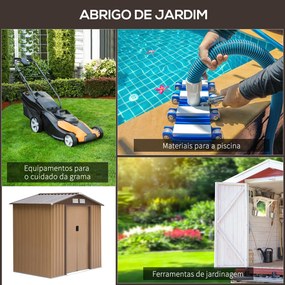 Abrigo de Jardim 213x130x185cm Abrigo de Jardim Metálico de Exterior com 2 Portas Deslizantes e 4 Janelas Castanho Claro