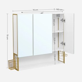Armário de espelho com iluminação casa de banho de parede 70 x 14,5 x 70 cm branco-dourado
