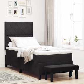 Cama Box Spring com Colchão e Banco Preto 90x190 cm Veludo