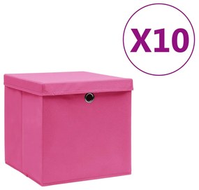 325206 vidaXL Caixas de arrumação com tampas 10 pcs 28x28x28 cm rosa