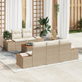 Conjunto de Sofá de Jardim de 6 Peças com Almofadas Bege de Rattan Polido Acácia