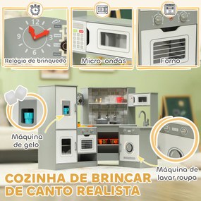 Cozinha de Madeira para Crianças com Sons Forno Lavatório Micro-Ondas Máquina de Gelo e Acessórios 110x80x91 cm Cinza
