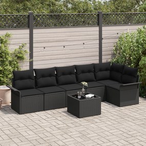 Conjunto de Sofá de Jardim de 7 Peças com Almofadas Pretas Rattan Poli