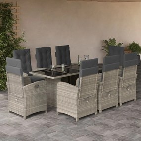 vidaXL 9 pcs conjunto de jantar p/ jardim c/ almofadões cinzento claro