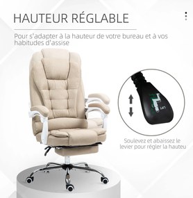 Cadeira de escritório executiva para computador com apoio para os pés, encosto reclinável e braços almofadados em linho bege