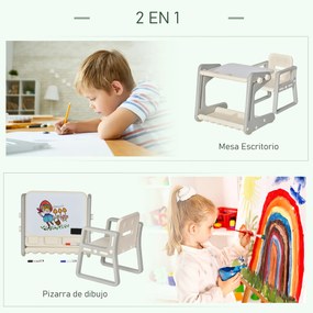 HOMCOM 2 em 1 Mesa Infantil com Quadro Negro Conjunto de Mesa Conversível e Cadeira para Crianças acima de 12 Meses com 3 Marcadores e 1 Borracha 65x48x66,7 cm Cinza e Branco