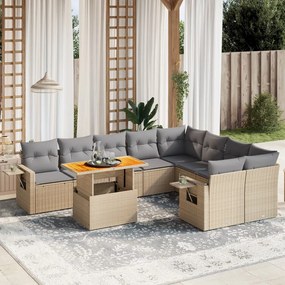 10 pcs conjunto de sofás p/ jardim com almofadões vime PE bege