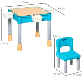 HOMCOM Conjunto de mesa e 2 cadeiras para crianças com 135 blocos de construção Mesa em ambos os lados Útil para desenhar e jantar com grande armazenamento 69x69x47 cm Multicolor