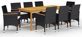 9 pcs conjunto de jantar para jardim com almofadões preto