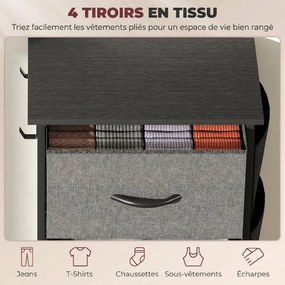 Cómoda com 4 gavetas em tecido 45 L x 30 P x 94,5 A cm, móvel de arrumação com 4 bolsos, 2 ganchos, estrutura em aço, cinzento