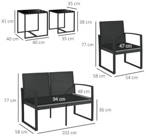 Conjunto Móveis de Jardim de Vime Sintético com 2 Poltronas Individuais 1 Sofá Duplo e 2 Mesas de Centro Preto
