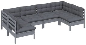 6 pcs conjunto lounge de jardim + almofadões pinho maciço cinza