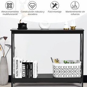 Mesa consola rústica com 2 níveis e prateleira em X para entrada, corredor e sala 100 x 30 x 80 cm preta