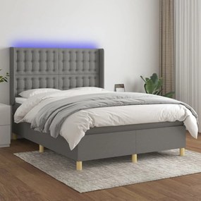 Cama box spring c/ colchão e LED 140x200 cm tecido cinza-escuro