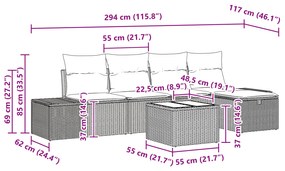 Conjunto de Sofá de Jardim de 6 peças com Almofadas Castanhas Rattan P