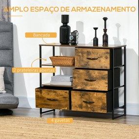 Cómoda com 4 Gavetas de Tecido Dobrável e 2 Prateleiras Abertas Armário de Armazenamento para Escritório Dormitório Estilo Industrial Anti-Tombo 84x30