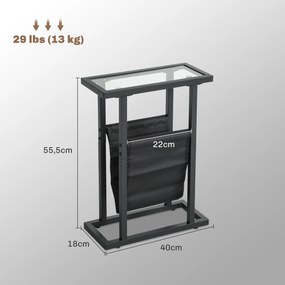 Mesa auxiliar estreita 40 x 18 x 55,5 cm, mesa de canto em metal com porta-revistas e tampo em vidro temperado, preta