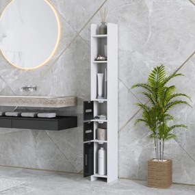 Coluna Casa de Banho com 3 Portas e 3 Prateleiras Abertas Coluna Auxiliar  Estilo Moderno 15x17x120 cm Branco e Preto