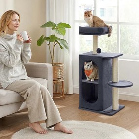 Árvore para gatos pequena com 2 cavernas e 1 plataforma cinzento escuro