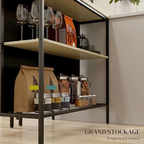 Conjunto de mesa de bar e 2 bancos de estilo industrial com prateleira de arrumação, apoio para os pés, em metal preto e com aspeto de madeira