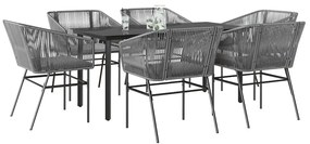 Conjunto jantar jardim 7 peças almofadas vidro vime cinzento PE