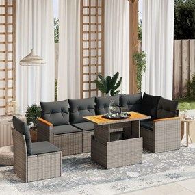 7 pcs conjunto sofás p/ jardim c/ almofadões vime PE cinzento
