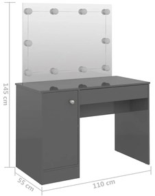Mesa de maquilhagem c/ LEDs 110x55x145 cm MDF cinza brilhante