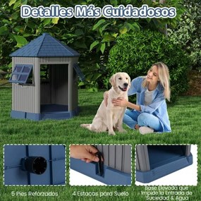 Casota para cães exterior com 2 janelas e claraboia, telhado inclinado, design tipo celeiro para animais de estimação pequenos e médios, azul + cinza
