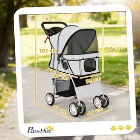 Carrinho dobrável para pequenos cães e gatos, com suporte para copos e cesto de arrumação, 75 x 45 x 97 cm, cinzento