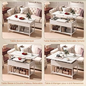 Mesa de centro 98 x 49 x 55 cm elevável e extensível, com compartimento oculto e prateleiras abertas, branca