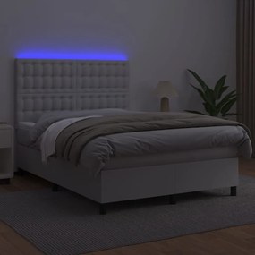 Cama box spring c/colchão/LED 140x190cm couro artificial branco