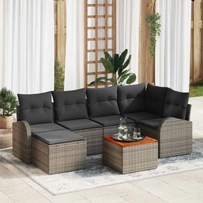 vidaXL Conjunto de Sofá Jardim 7 Peças com Almofadas Cinza Rattan Poliéster Acácia