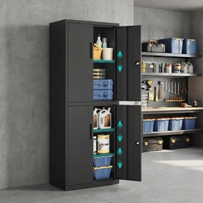 Armário arrumação 40 x 60 x 180 cm versátil em aço com 4 portas e 5 prateleiras Preto mate