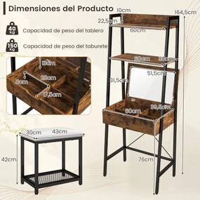 Toucador maquiagem em formato de escada com cadeiras de painel duplo, compartimentos ocultos e banco acolchoado Preto + Castanho Rústico