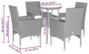 5 pcs conjunto jantar jardim c/ almofadões vime PE/acácia cinza