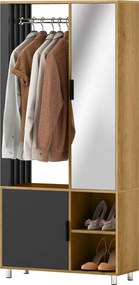 Guarda Roupa de quarto com espelho, compartimentos abertos, armário embutido e barra para pendurar roupa, 80 x 30 x 170 cm, cor madeira natural, preto