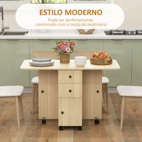 Mesa de Jantar Dobrável com Rodas (CADEIRAS NÃO INCLUIDAS) Mesa Abatível com 2 Gavetas e Armário Mesa Auxiliar Multifuncional 120x60x76,5 cm Madeira