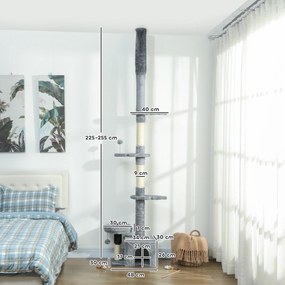 Arranhador para gatos do chão ao teto, torre para gatos com altura ajustável entre 225 e 255 cm e vários níveis, revestimento em pelúcia, cinzenta