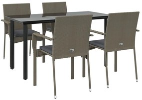 5 pcs conjunto jantar jardim c/ almofadões vime PE preto/cinza
