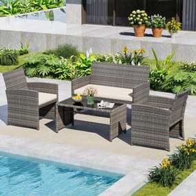 Conjunto de Jardim, 4 peças em rattan com almofadas e tampo em vidro temperado, para jardim, alpendre ou varanda, cinzento e Creme