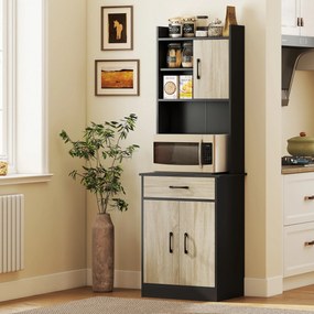 Armário alto de cozinha 60 x 40 x 180 cm, com gaveta, 3 portas, prateleiras abertas, bancada, efeito de madeira natural e preto